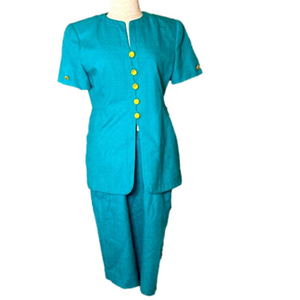 🌷 Casual Corner🌷 Vintage Turquoise Gold Button Blazer & Skirt Set Petite